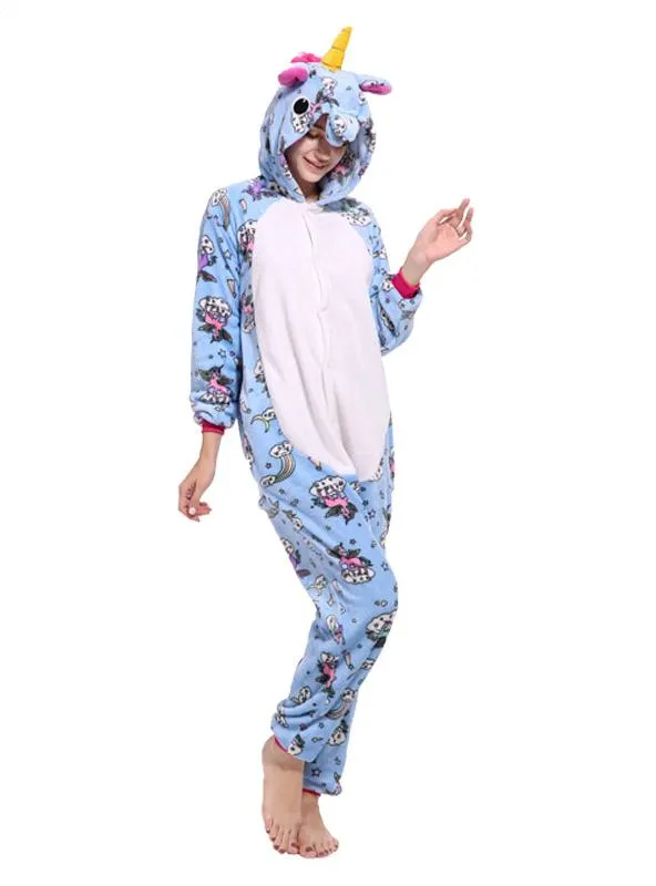 ONESIE ADULT PAJAMA BLUE FLY UNICORNS KIGURUMI