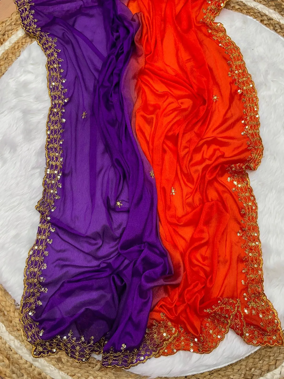 Orange and Blue Soft Hand-Dyed Chinnon Saree with Heavy Embroidery, Sequence, and Jari Work