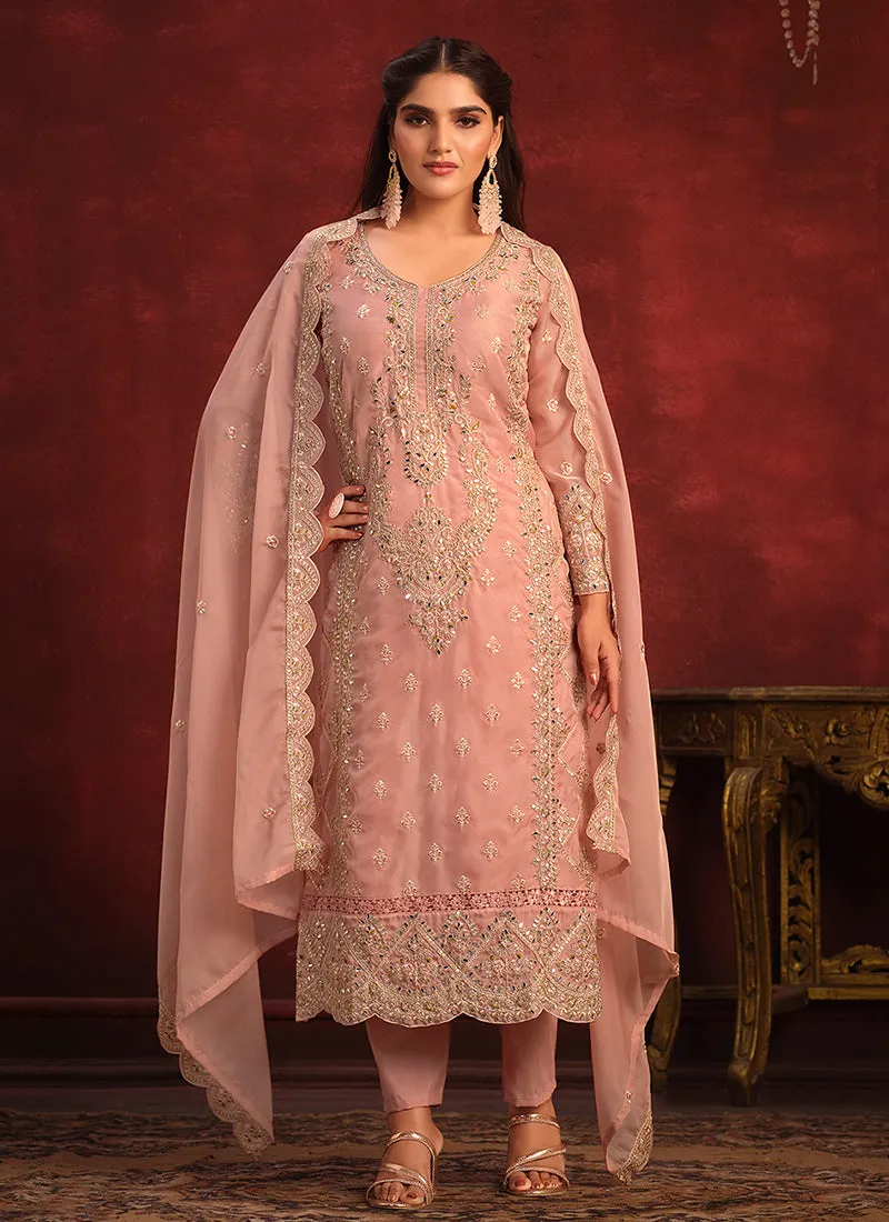 Peach Embroidery Designer Pant Style Suit