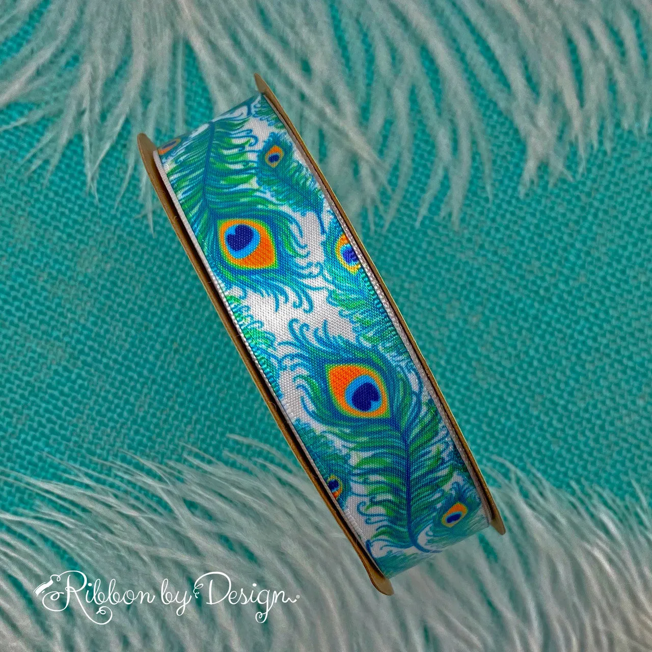 Peacock feathers ribbon in turquoise, green and yellow on 7/8" white single face satin