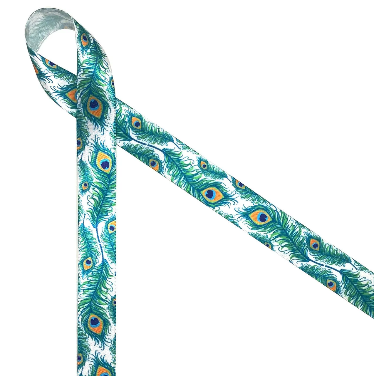 Peacock feathers ribbon in turquoise, green and yellow on 7/8" white single face satin