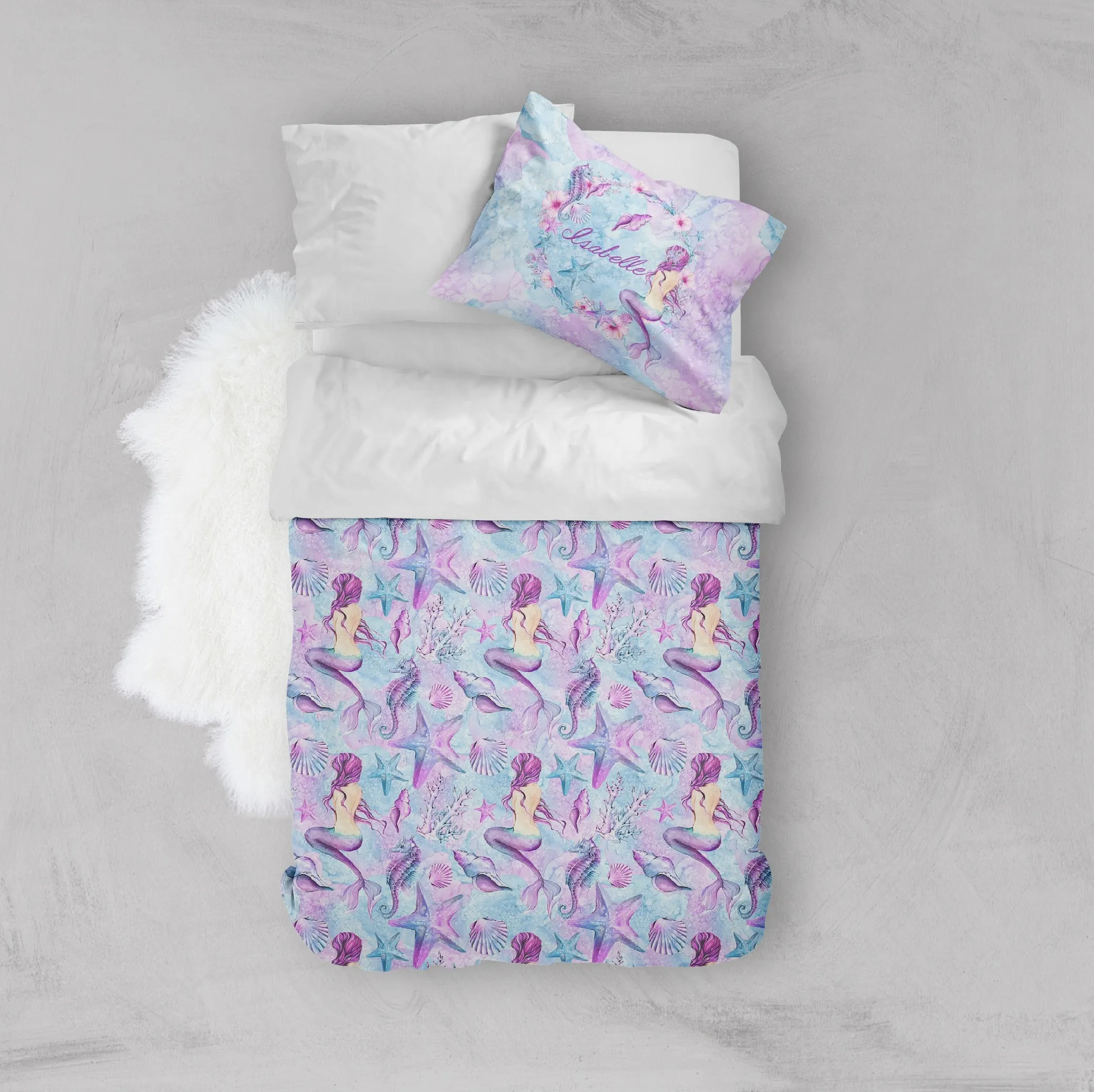 Personalized Purple Watercolor Mermaid Crib and Toddler Bedding Collection