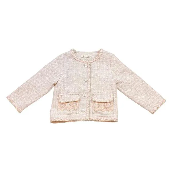 Pink Floral Lace Trim Tweed Jacket