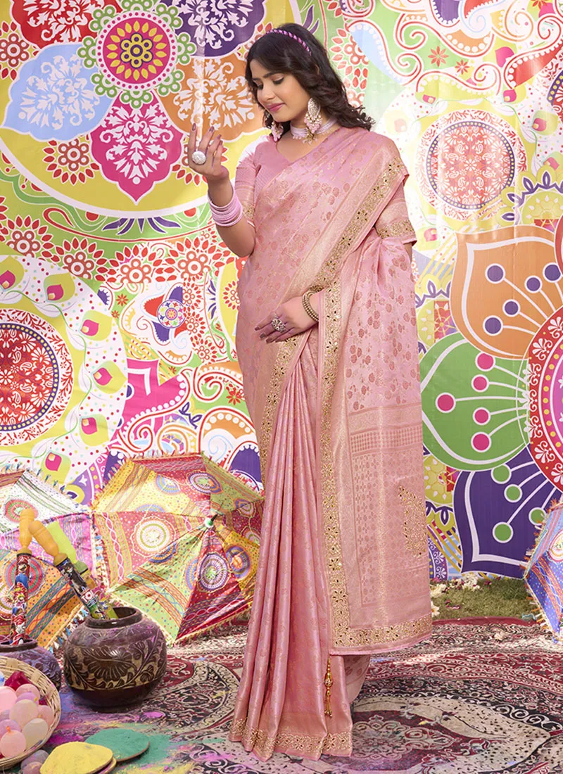 Pink Mirror And Stone Work Embroidery Brocade Satin Silk Saree