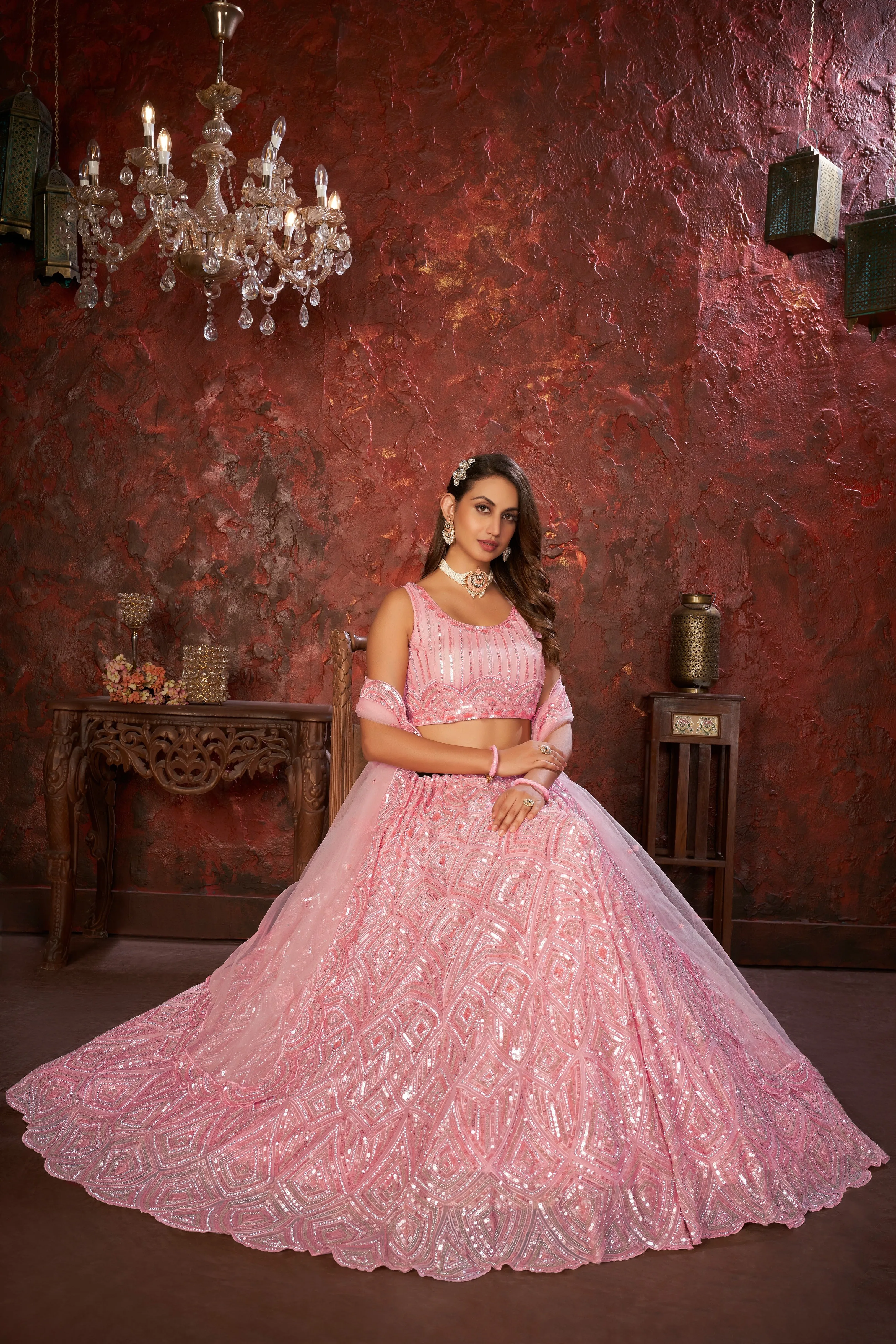 Pink Sequin Embroidered Lehenga Choli Set - Regal Elegance - Designer Wear