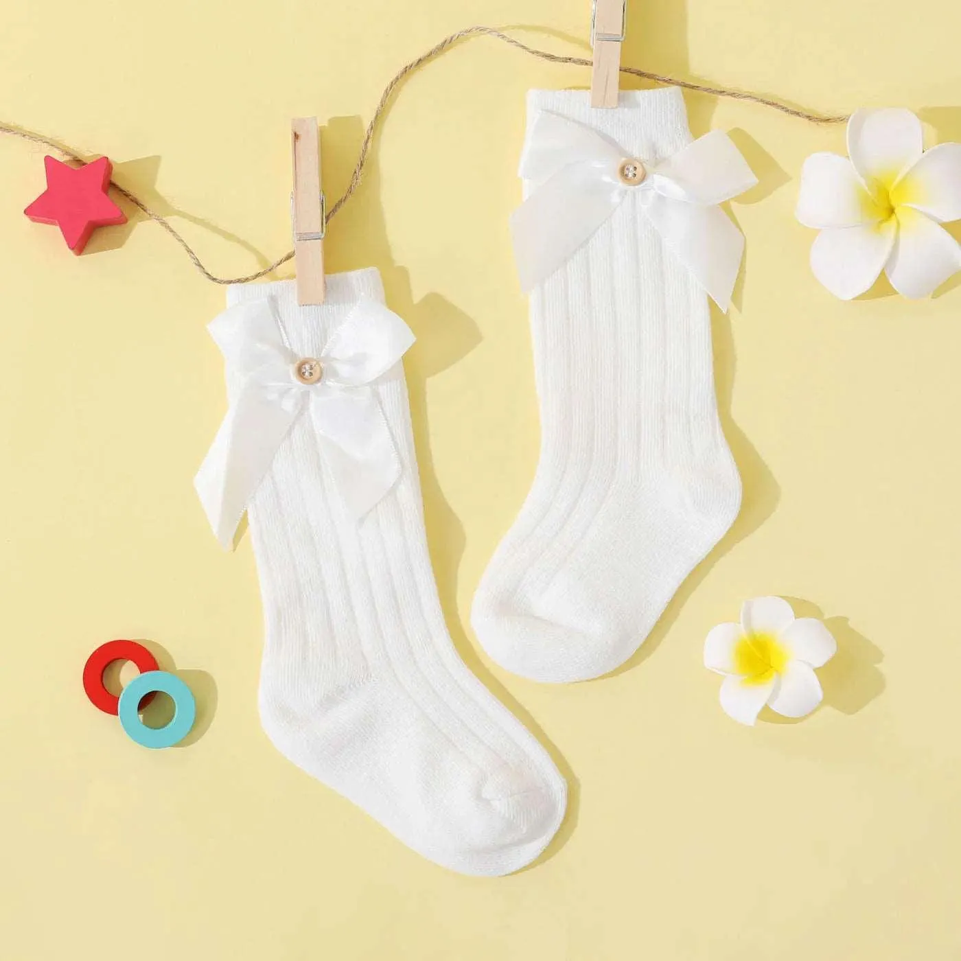 Pure Color Button Bow Decor Tube Socks - Baby Toddler