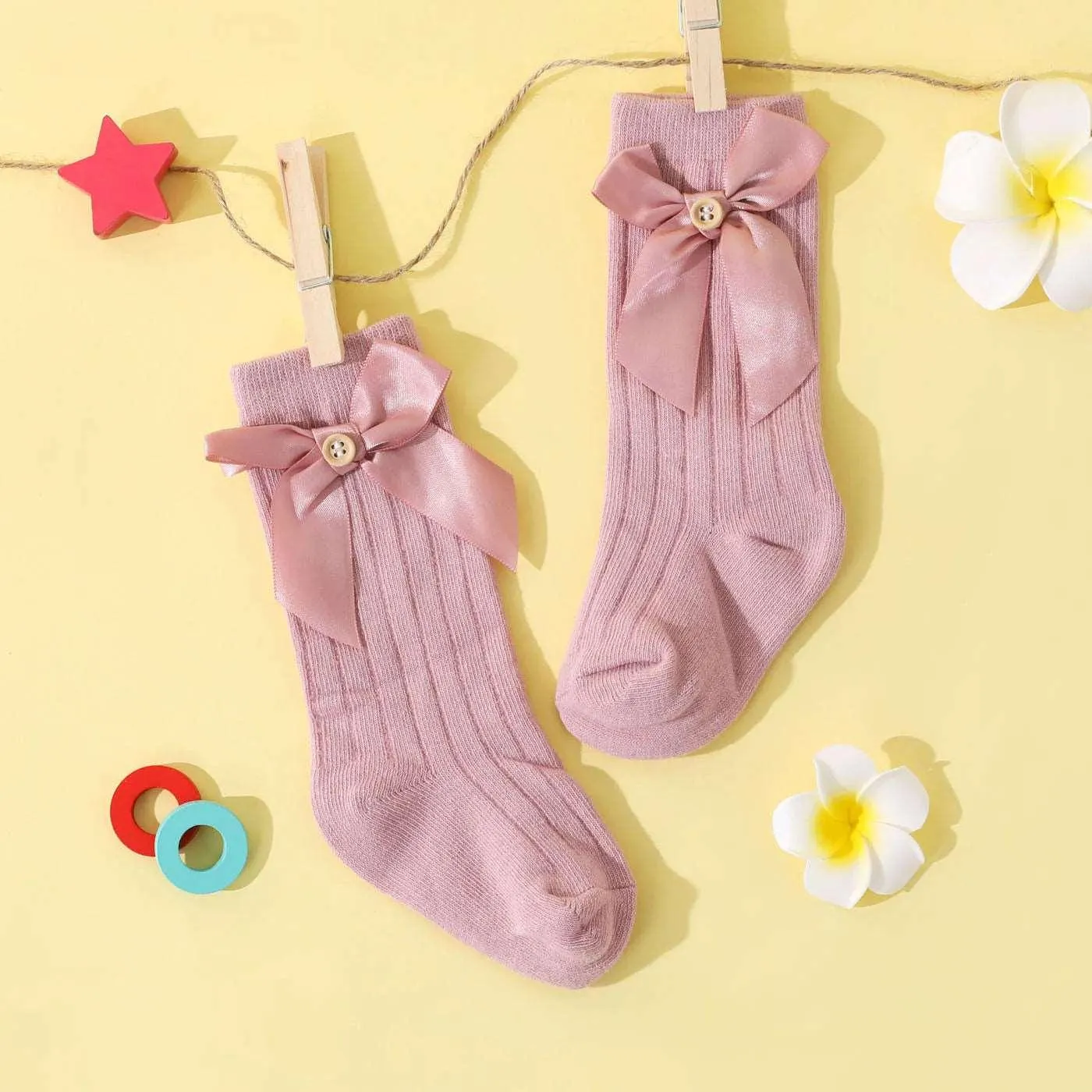 Pure Color Button Bow Decor Tube Socks - Baby Toddler