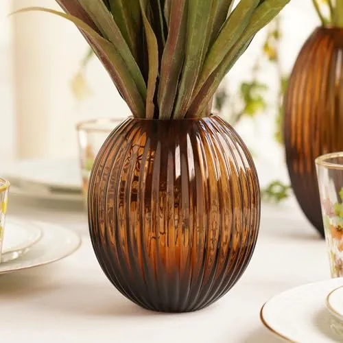 Pure Home   Living Brown Ribbed Round Glass Vase - Small