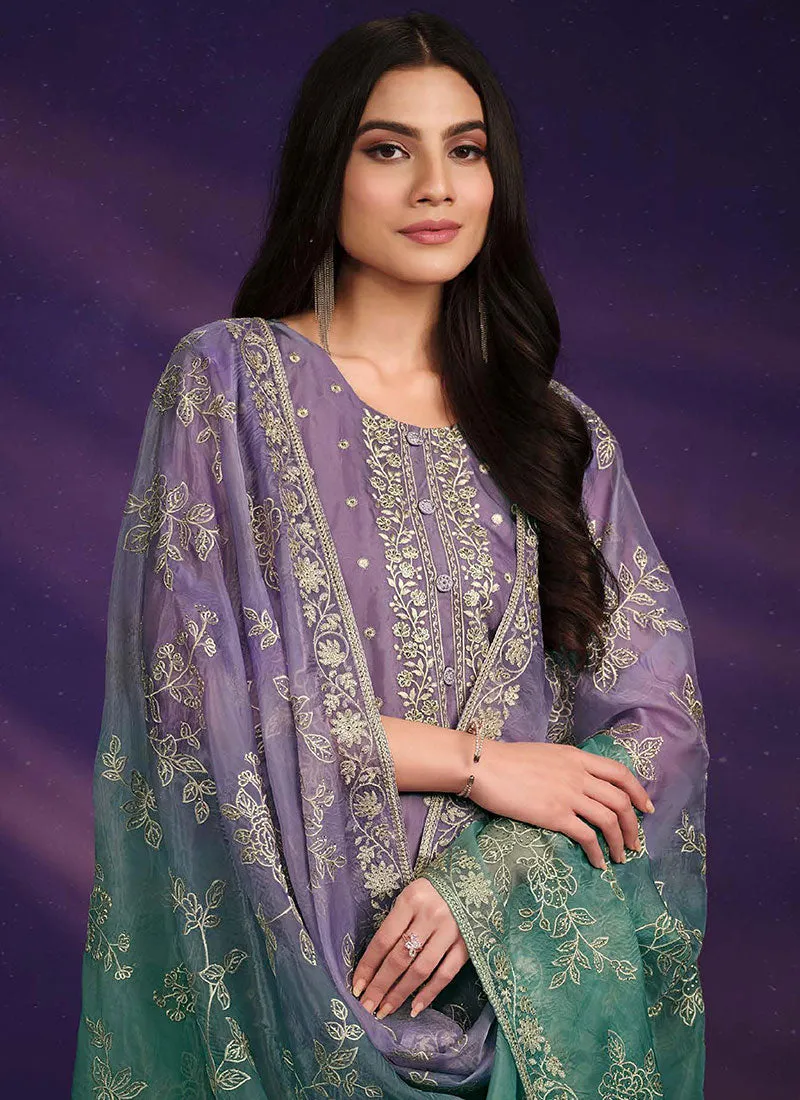 Purple And Turquoise Embroidered Salwar Kameez Suit