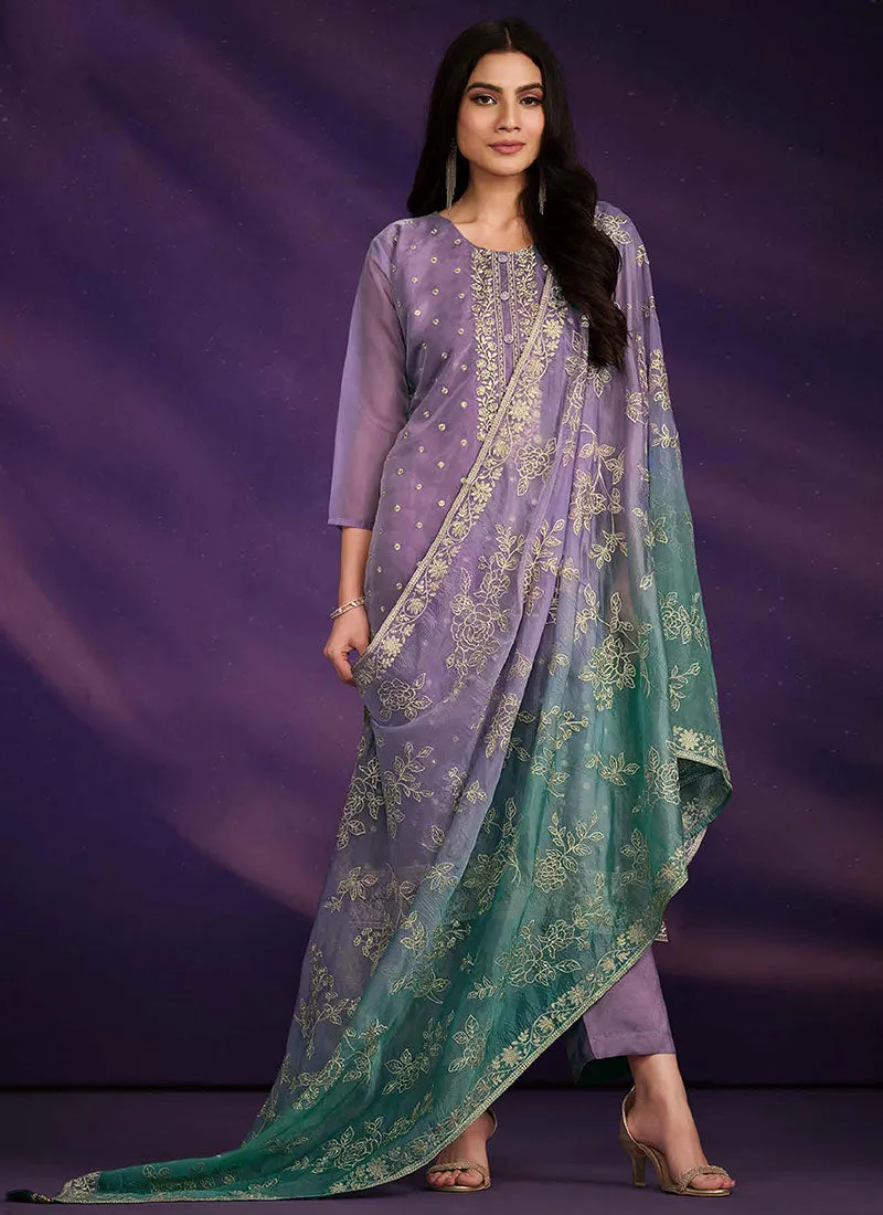 Purple And Turquoise Embroidered Salwar Kameez Suit