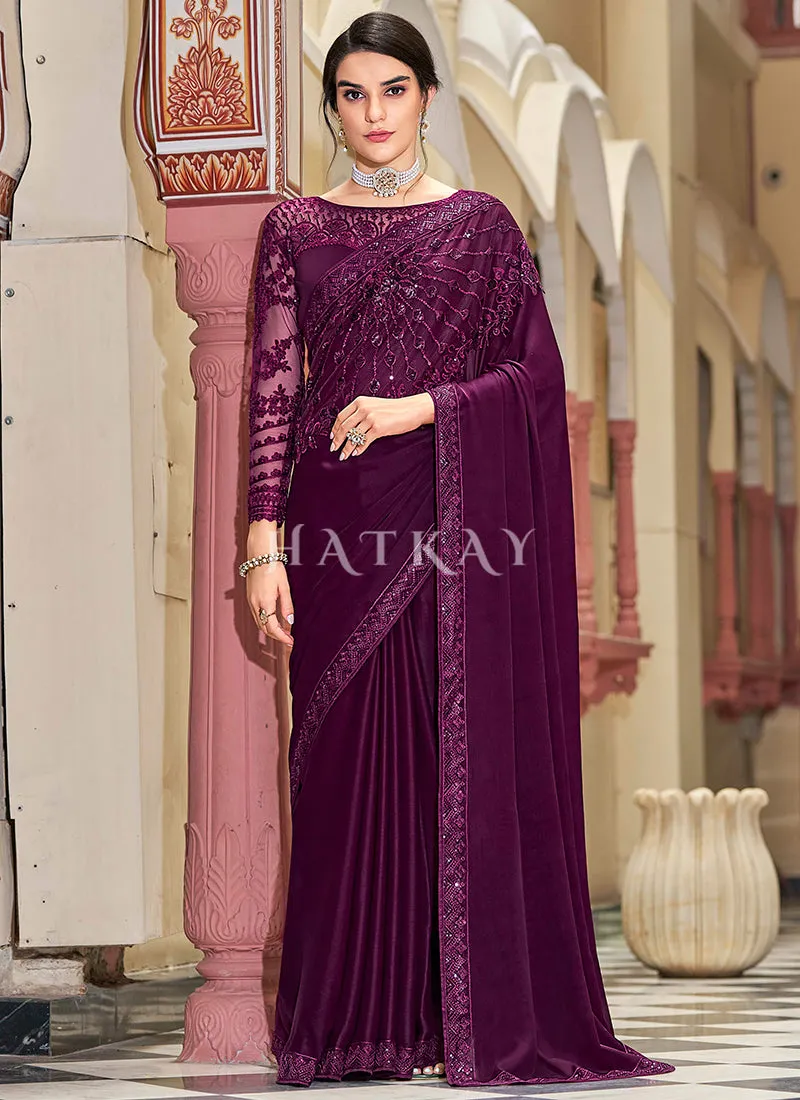 Purple Sequence Embroidery Designer Silk Saree