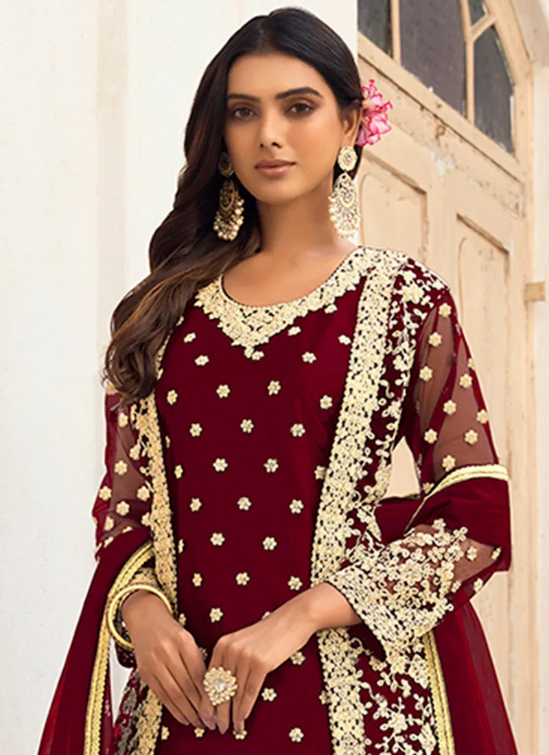 Red Embroidery Pakistani Pant Style Suit