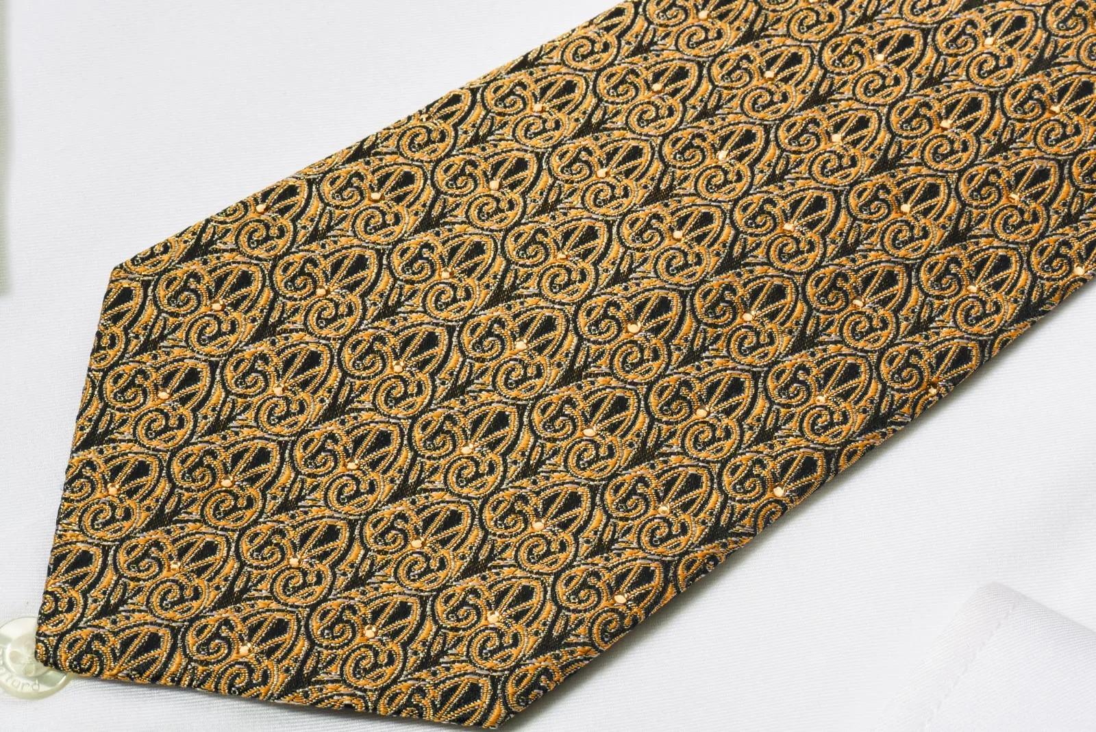 Renoma Silk Tie Golden Flur De Lis On Black Silk With Rhinestones