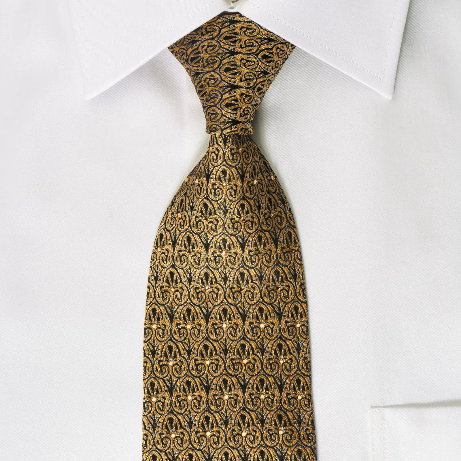 Renoma Silk Tie Golden Flur De Lis On Black Silk With Rhinestones