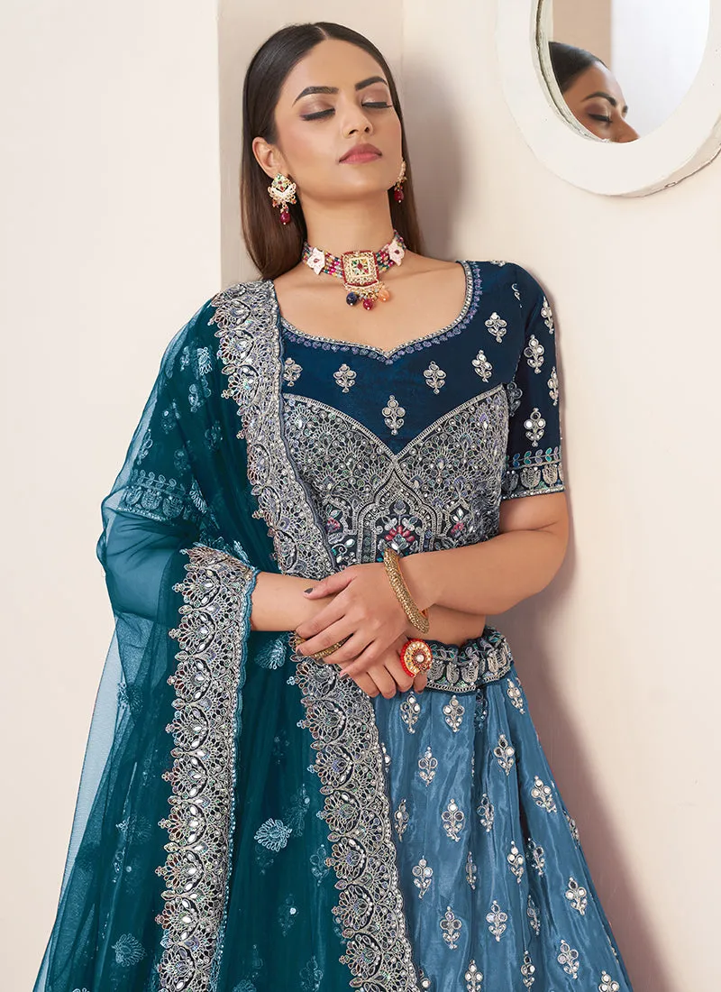 Royal Blue Ombré Embroidery Wedding Lehenga Choli