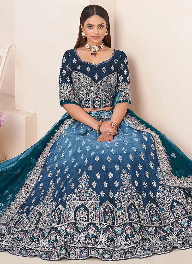 Royal Blue Ombré Embroidery Wedding Lehenga Choli