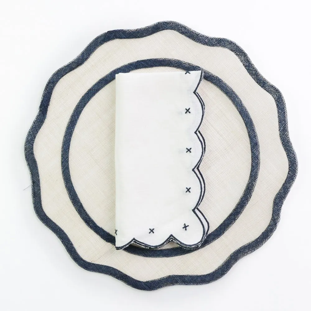 Scalloped Knot Navy Embroidered Linen Napkin | Set of 4