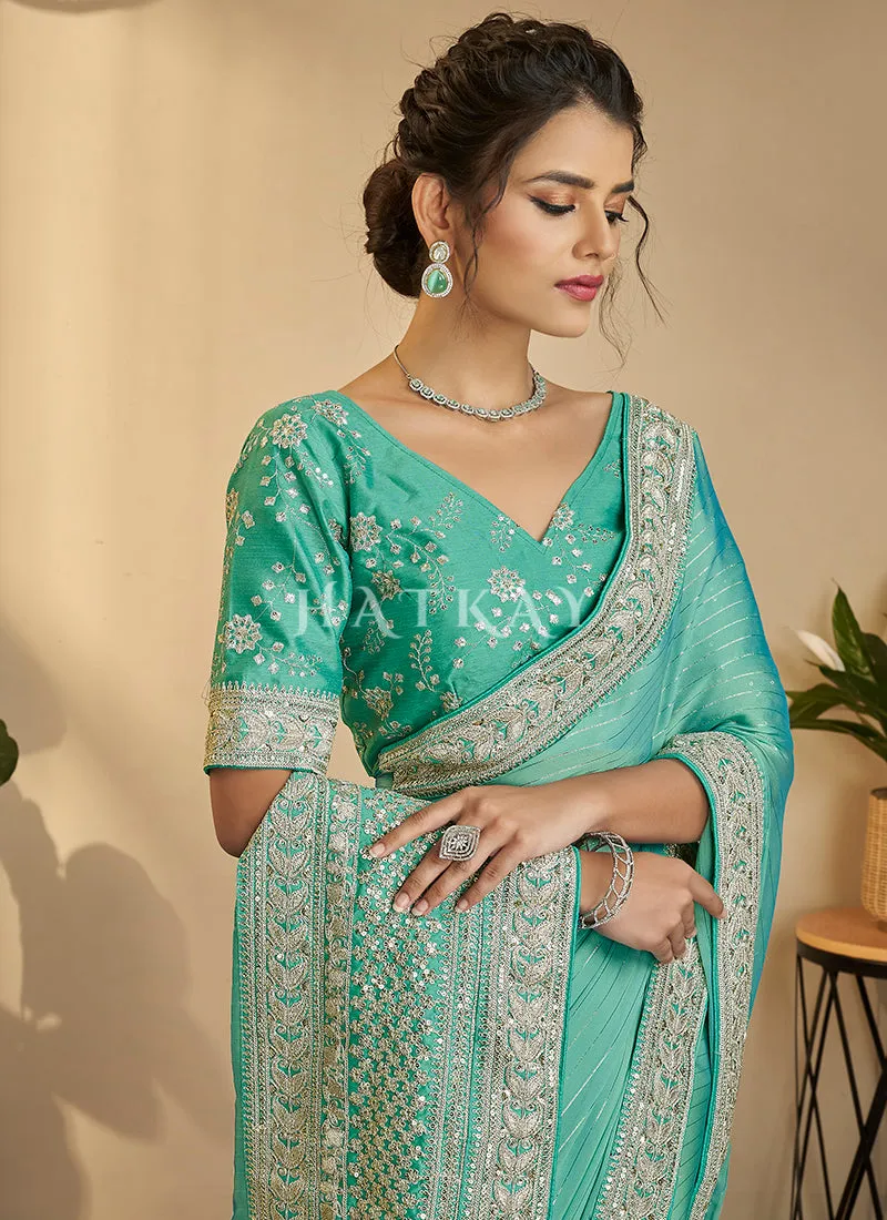 Sea Green Embroidery Silk Saree