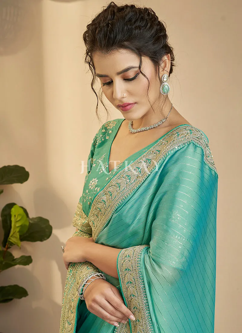 Sea Green Embroidery Silk Saree