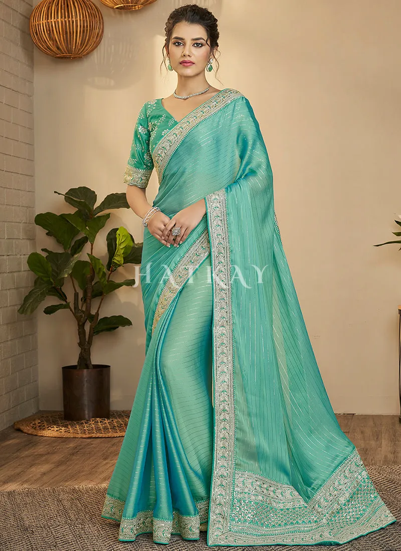 Sea Green Embroidery Silk Saree