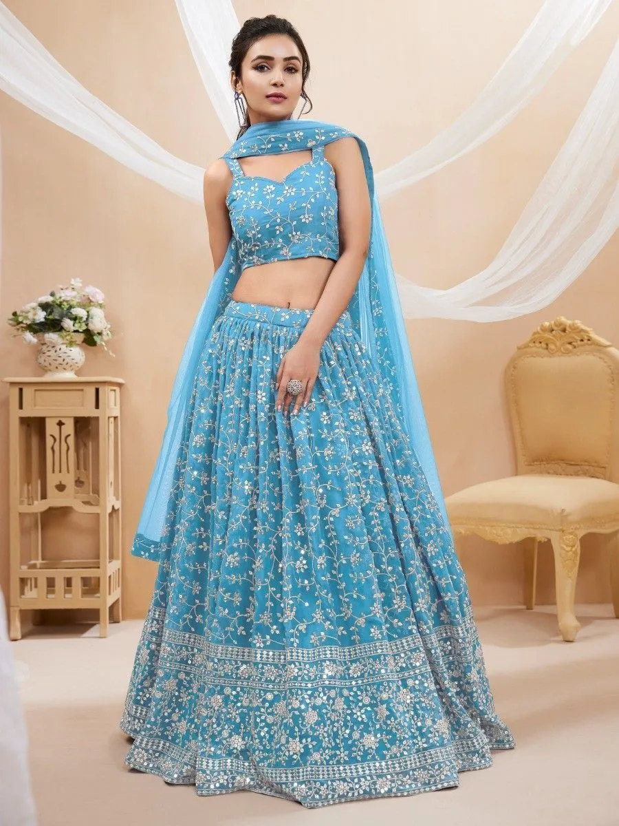 Sky Blue Embroidered Georgette Reception Wear Lehenga Choli