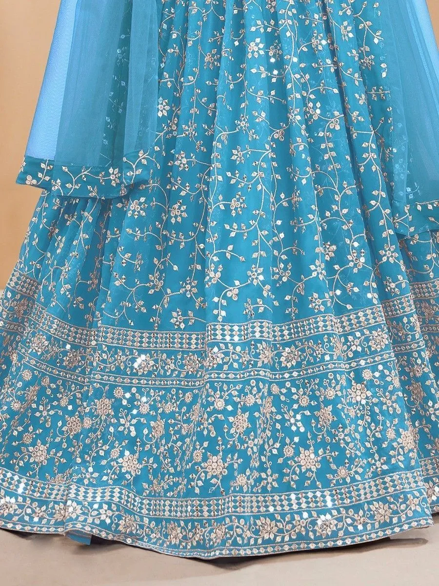 Sky Blue Embroidered Georgette Reception Wear Lehenga Choli