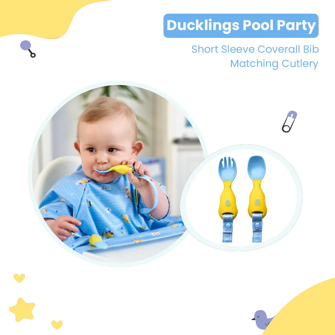 Sleeve Bib   Attachable Weaning Cutlery Set Ducklings Pool Party Blue