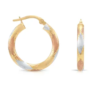 Solid 10K Yellow Gold Tri-Color Hoop Earrings, Italian Style Design, Chunky 3mm