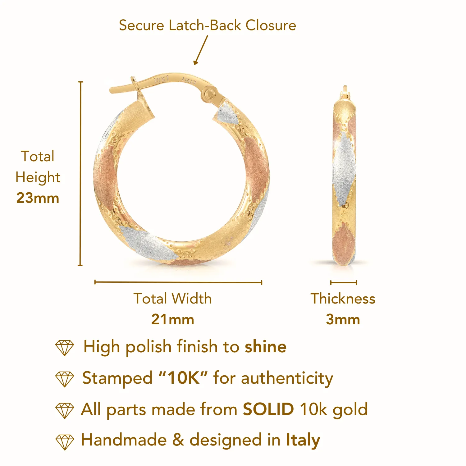 Solid 10K Yellow Gold Tri-Color Hoop Earrings, Italian Style Design, Chunky 3mm