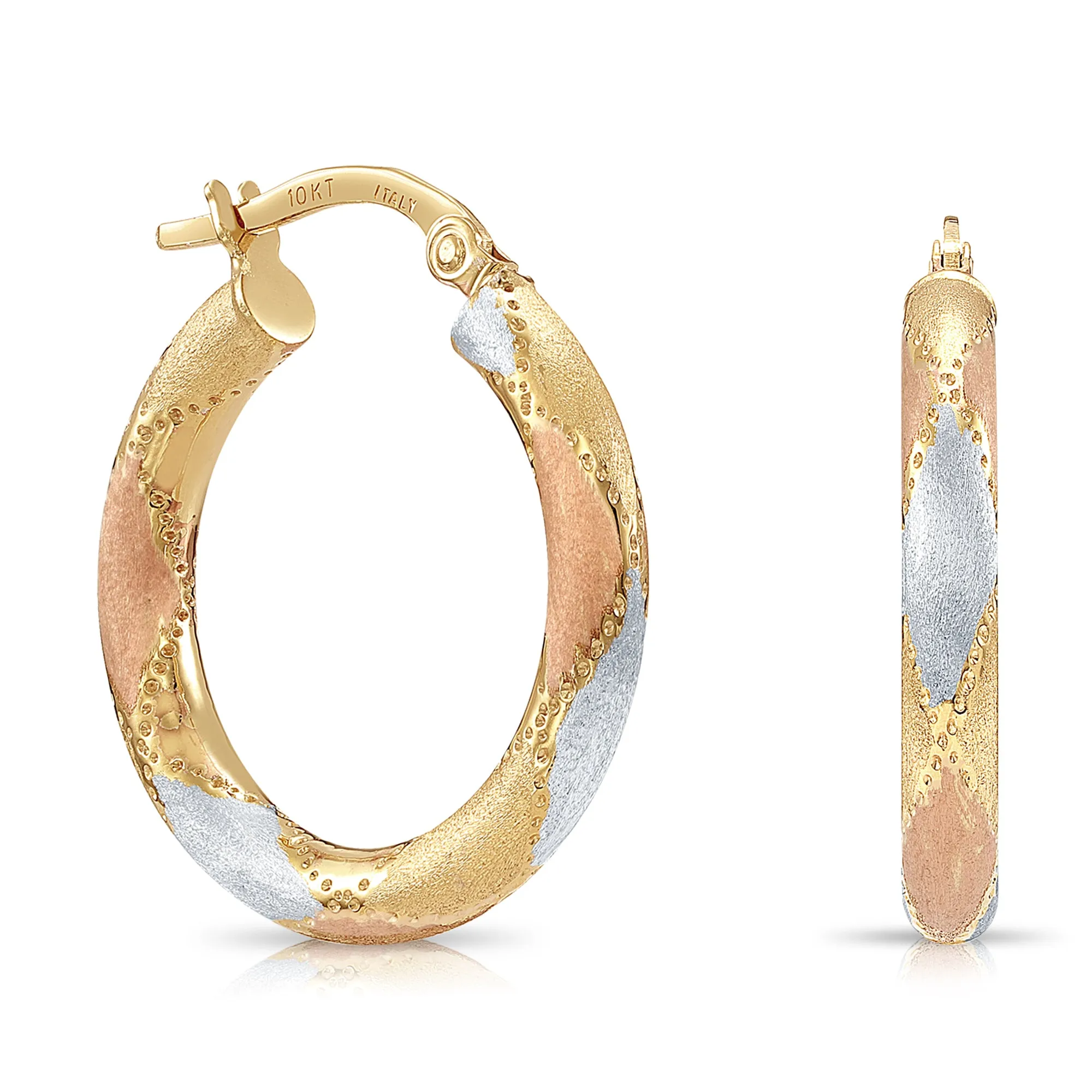 Solid 10K Yellow Gold Tri-Color Hoop Earrings, Italian Style Design, Chunky 3mm