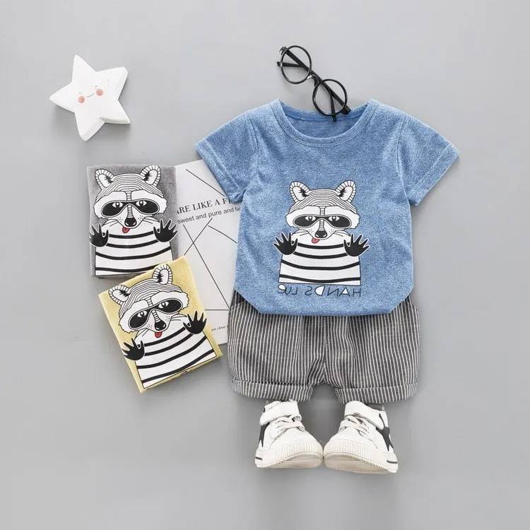 Summer Children Baby Clothes Cartoon Raccoon T-Shirt Stripe Shorts 2pcs/Sets Cotton Kiddie Toddler Casual Clothing Tracksuits