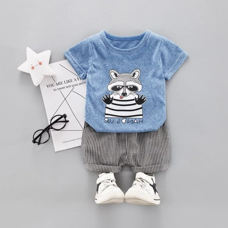 Summer Children Baby Clothes Cartoon Raccoon T-Shirt Stripe Shorts 2pcs/Sets Cotton Kiddie Toddler Casual Clothing Tracksuits