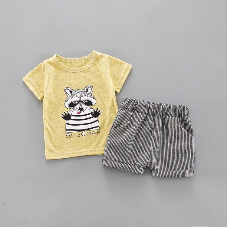 Summer Children Baby Clothes Cartoon Raccoon T-Shirt Stripe Shorts 2pcs/Sets Cotton Kiddie Toddler Casual Clothing Tracksuits