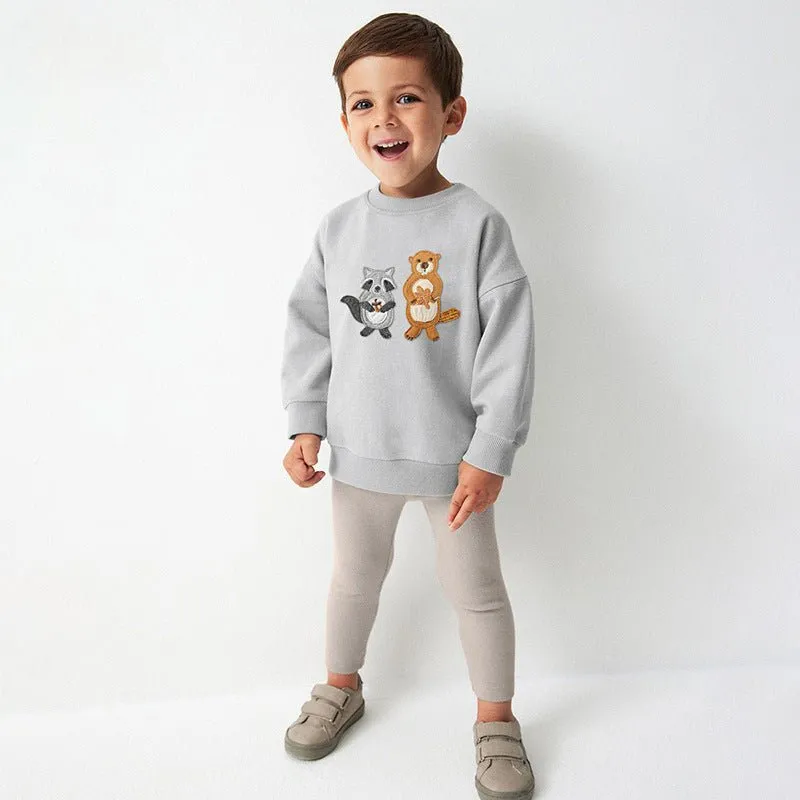 Toddler/Kid Boy Raccoon and Beaver Embroidery Sweatshirt with Pants Set