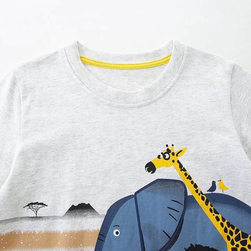 Toddler/Kid Boy's Elephant with Giraffe Print Design Cotton T-shirt