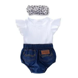 Trendy Baby Romper Jean Outfit With Headband