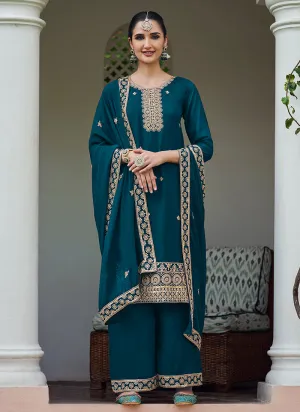 Turquoise Embroidery Georgette Palazzo Suit