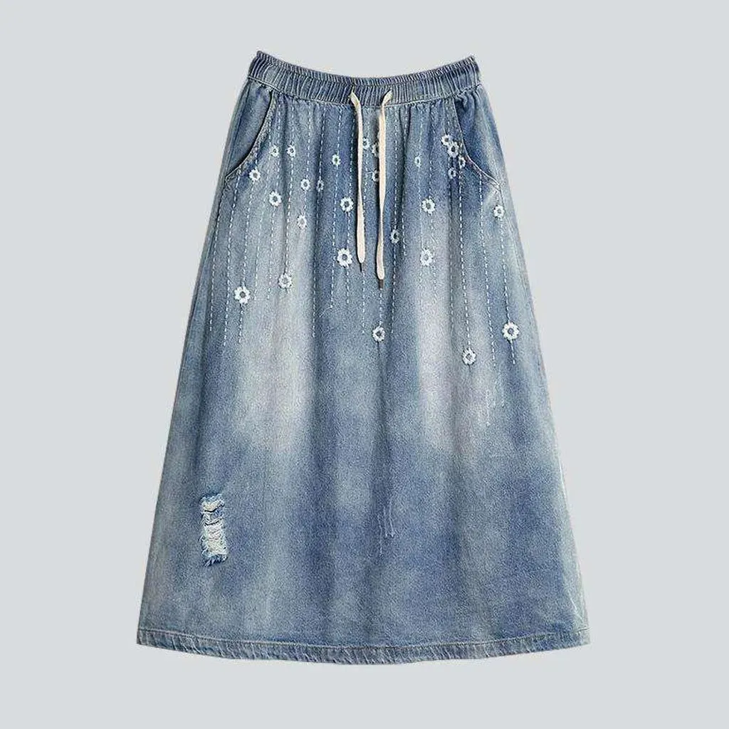 Urban embroidery long denim skirt