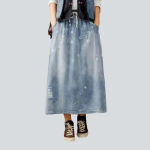 Urban embroidery long denim skirt