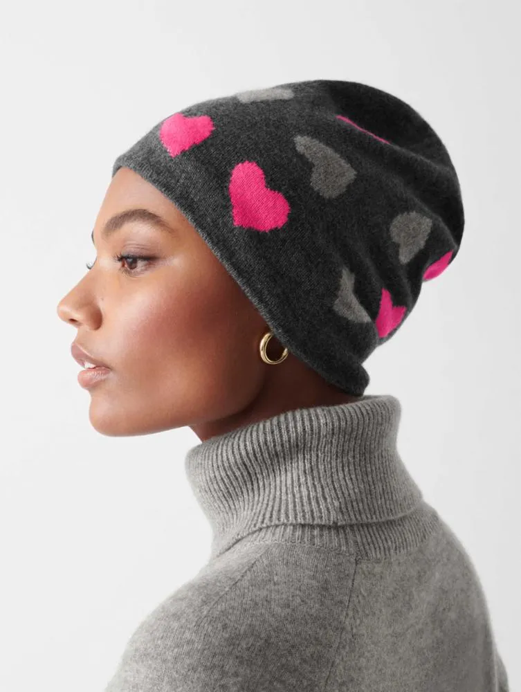 White   Warren - Cashmere Heart Intarsia Beanie in Charcoal Combo