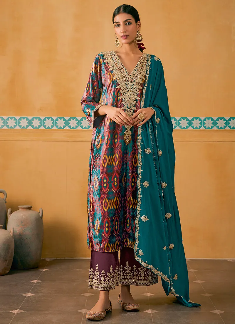 Wine And Teal Embroidered Velvet Kurta Pant Suit