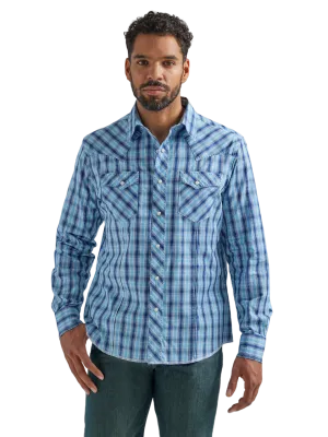 Wrangler Men's Long Sleeve Fashion Western Snap Plaid Navy Blue Shirt