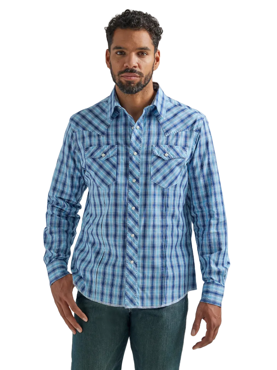 Wrangler Men's Long Sleeve Fashion Western Snap Plaid Navy Blue Shirt