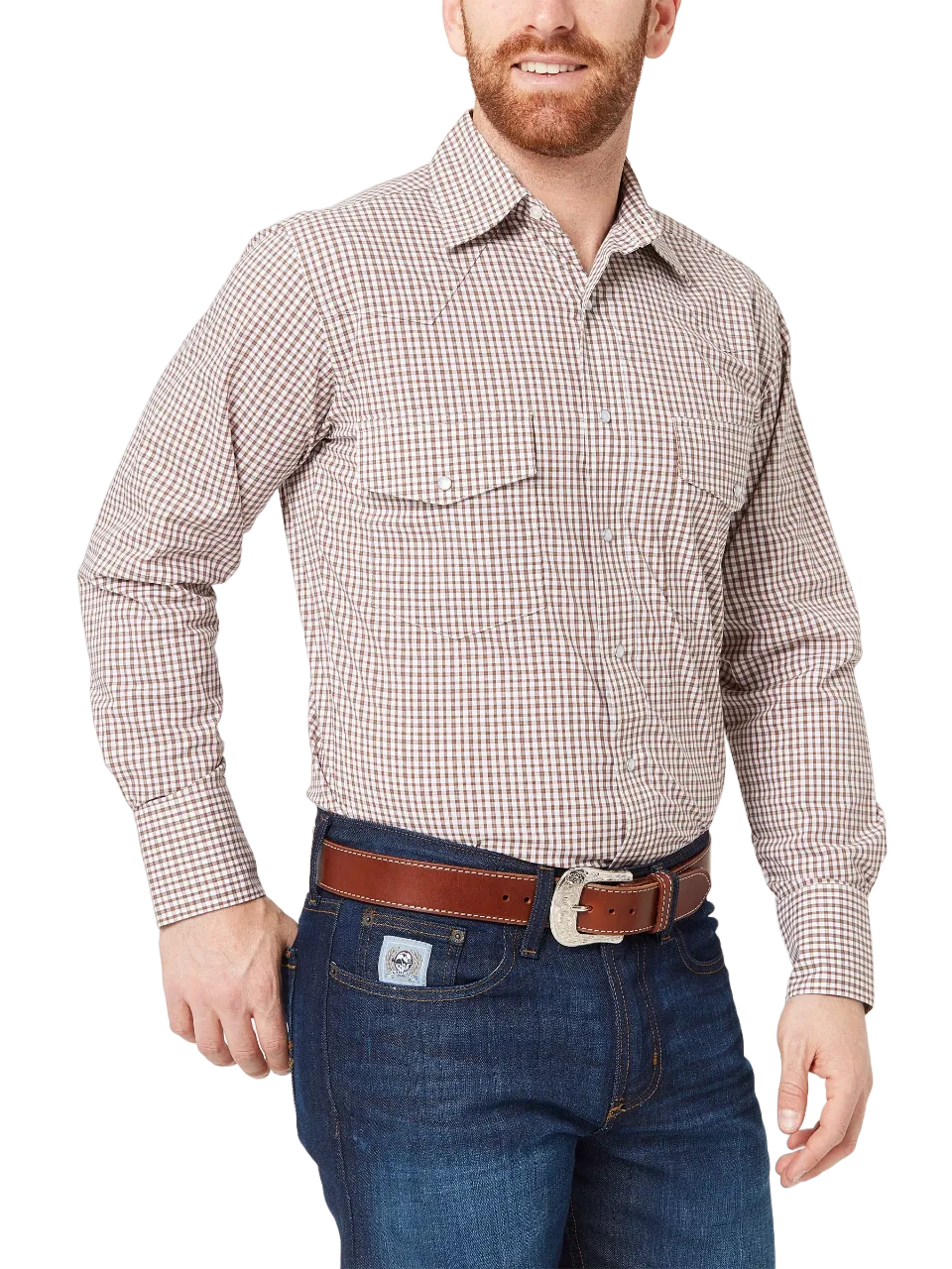 Wrangler Retro Men's Sand and Cinnamon Plaid Classic Fit Long Sleeve Shirt - Big