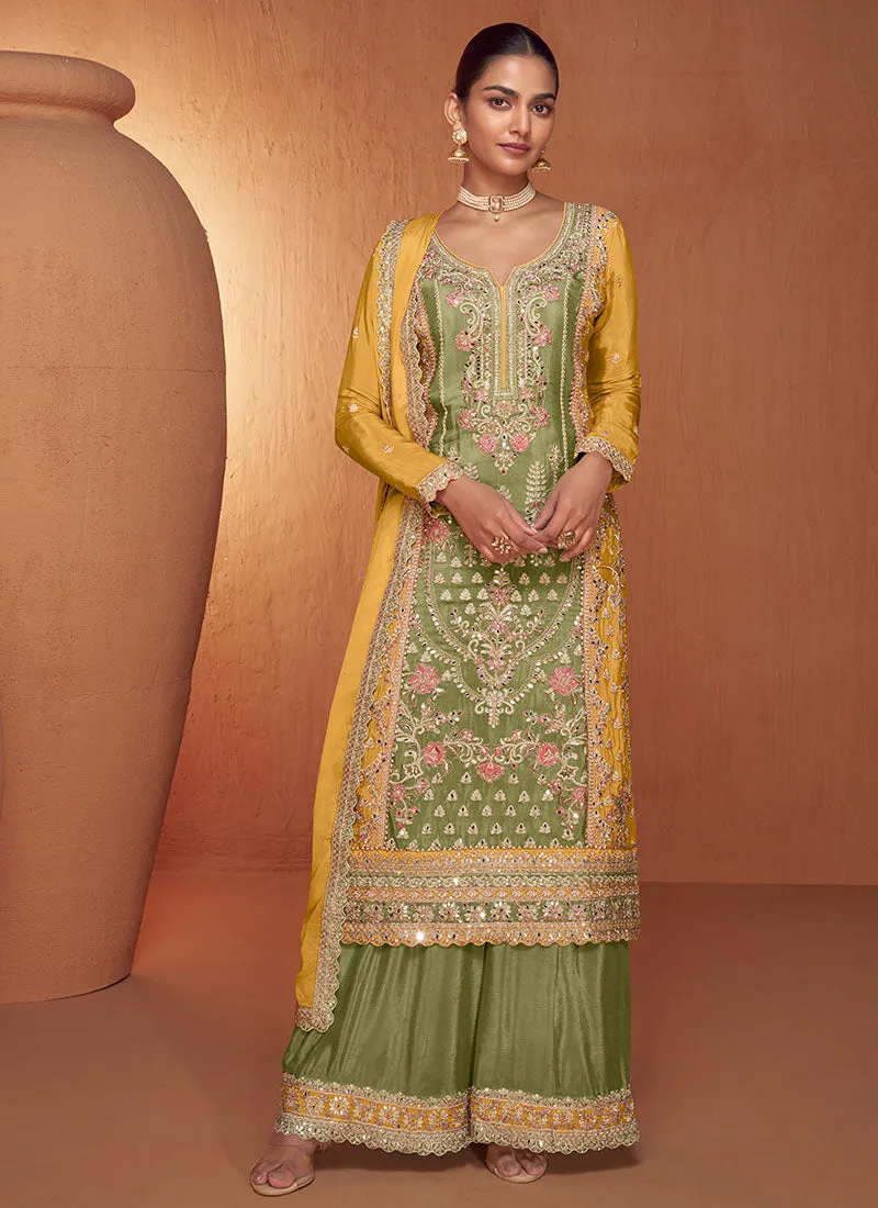 Yellow And Green Multi Embroidered Gharara Style Suit