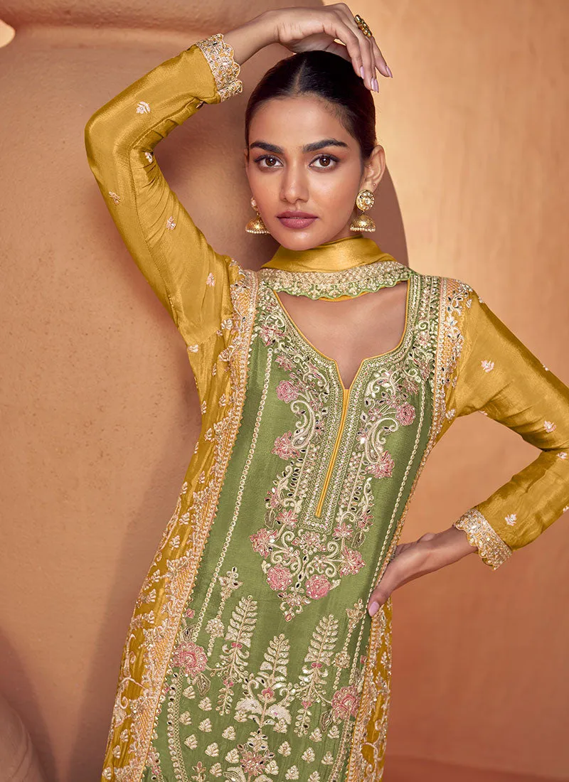 Yellow And Green Multi Embroidered Gharara Style Suit