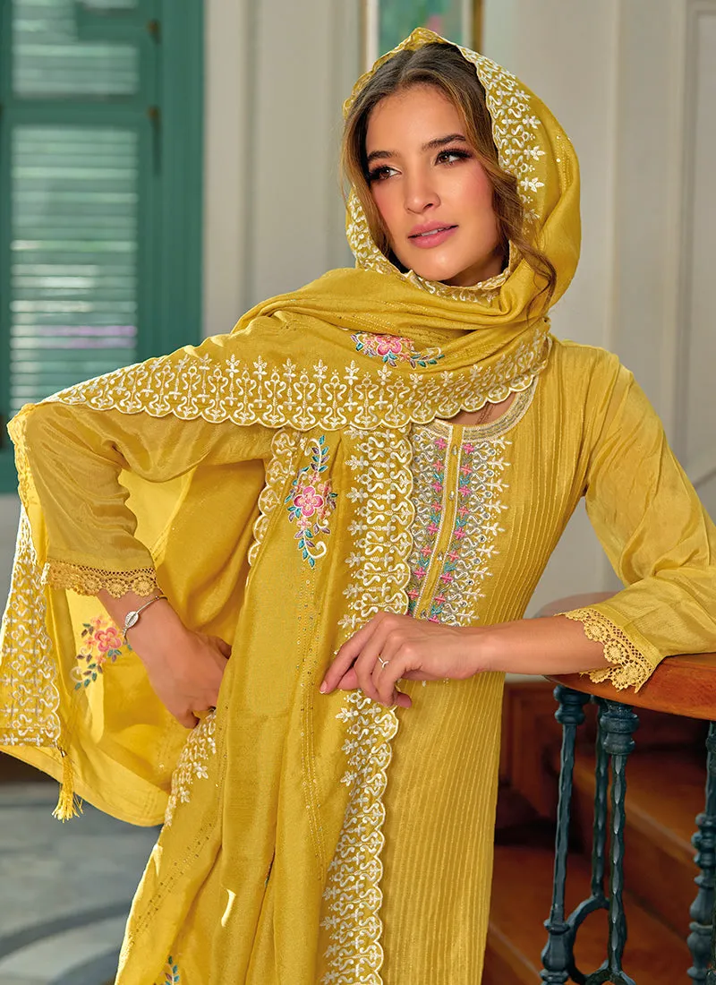 Yellow Designer Embroidery Silk Salwar Suit