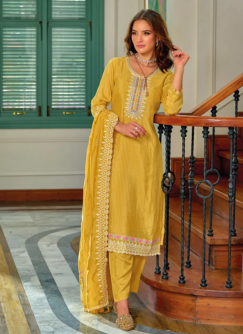 Yellow Designer Embroidery Silk Salwar Suit