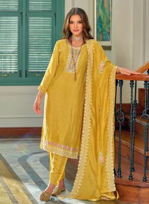 Yellow Designer Embroidery Silk Salwar Suit