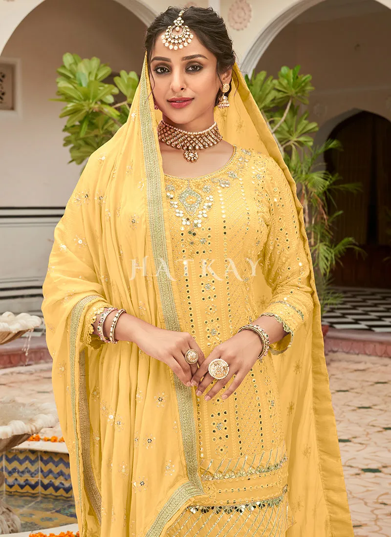 Yellow Mirror Work Embroidered Wedding Gharara Suit